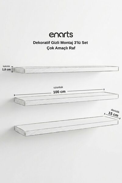 Enarts Premium MDF Raf Gizli Montajlı Ceviz Renk Uçan Raf 15x100 cm 3 Adet Çok amaçlı Kitaplık Mutfak Banyo Salon Rafı