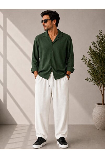 WENMİNG Bürümcük Crinkle Fabric Summer Lycra Men's Shirt and Pants Set