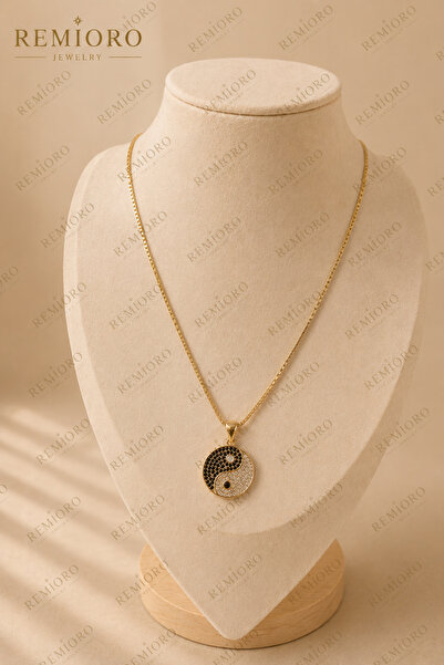 REMIORO Colier Yin Yang Placat cu Aur 14K, Lanț 50 cm, Pandantiv cu Cristale ...