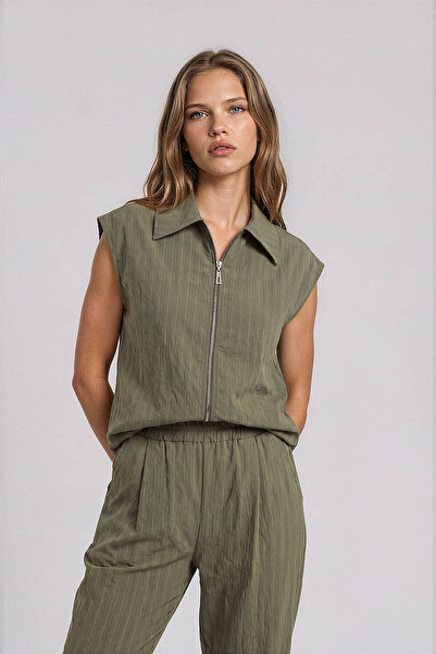 Vitrin Striped Blouse with Front Zipper