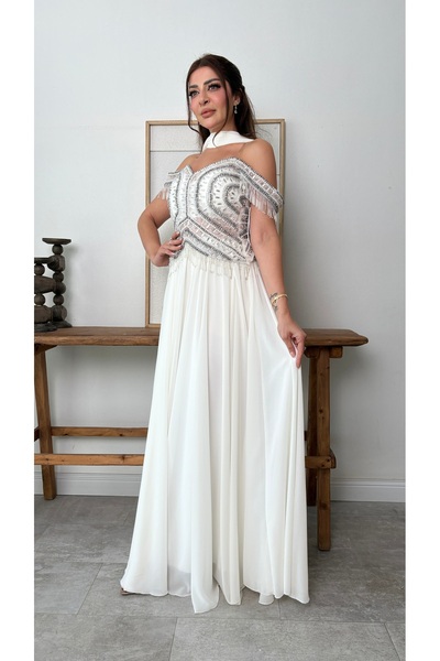 BRATO Royal White Geometric Corset Evening Dress with Crystal Embellishments ...