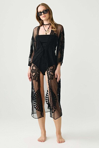 C&City Floral Embroidered Tie-Front Long Beach Dress Black