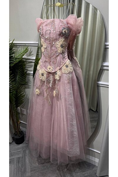 led style Luxury Embroidery Flower Pink Evening Dress