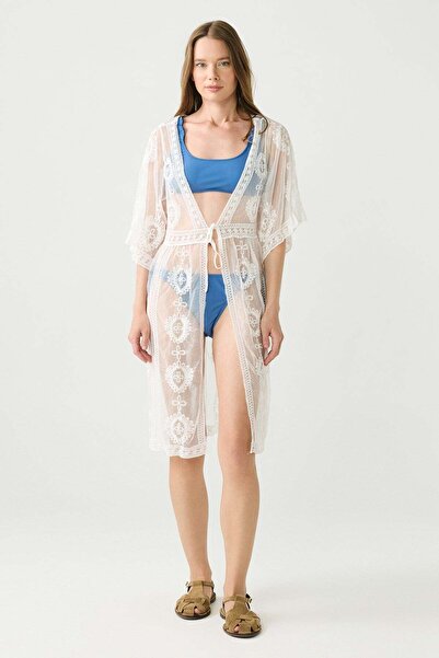 C&City Bohemian Embroidered Front Tie Long Beach Dress White