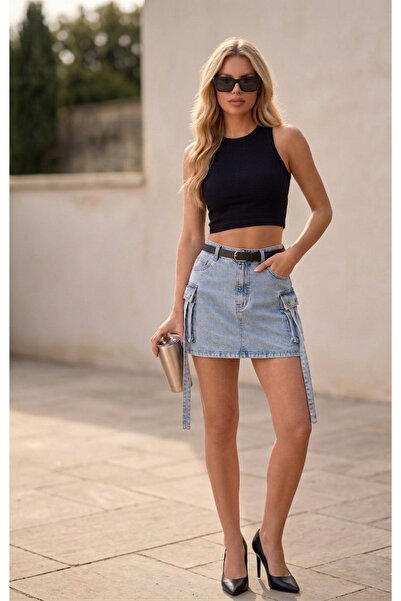 SHEVEGA Women's Ice Blue Cargo Pocket Belted Denim Skirt