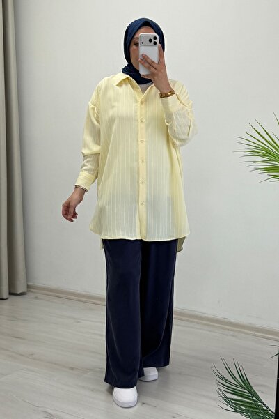 T Moda Store İkoll Basic Oversize Striped Shirt (Suitable for Sizes 38-46)