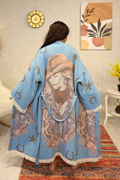 Befera Design Muslin Kimono 100% Cotton Cowboy Girl Patterned Jacquard Bathro...