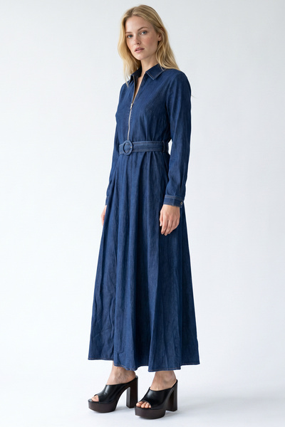 Exquise Belted Zipper Long Sleeve Midi Regular Dress