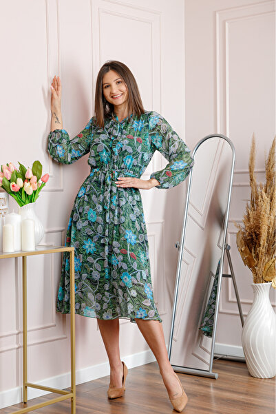 OEM Rochie dama verde Alessandra din voal cu imprimeu floral si cordon in talie