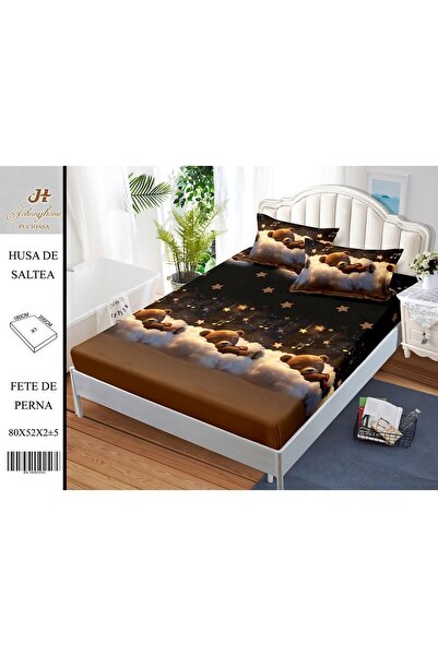 naniland.ro Husă de Pat Bumbac Satinat 2 Persoane 3 Piese Cu Elastic 180x200 cm