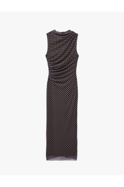 Koton Drapeli Slim Fit Kolsuz Bisiklet Yaka Puantiyeli Uzun Elbise