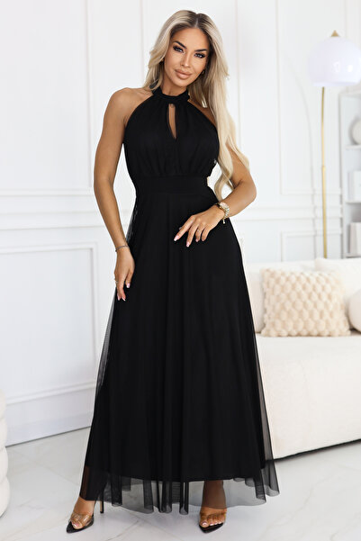 Numoco Rochie de seară elegantă maxi halter cu tul și legătură la talie - nea...