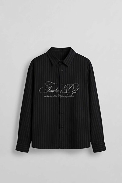 ablukaonline Men's Boxy Fit Letter Printed Striped Tencel Shirt Black