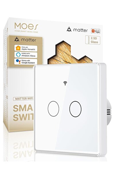 MOES Dual Smart Switch, WiFi Matter, 2-gang, flush-mount, 2.5D glass, White