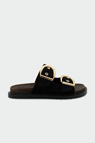 LAMİNTA Holix Gold Buckle Detailed Black Suede Slippers