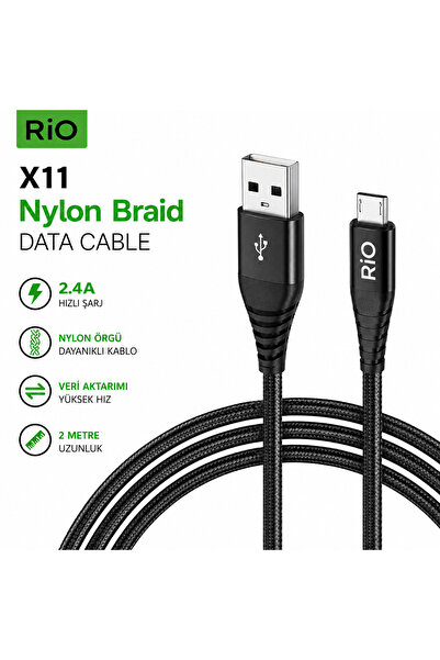 Rio USB Hızlı Şarj ve Veri Aktarım Kablosu 2 Metre X11 Nylon Örgülü Micro