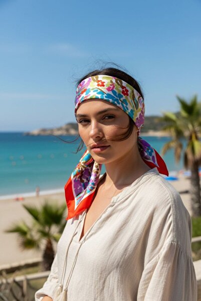 TOPTANFULARCI Çok Renkli Desenli Turuncu 55x55 cm Bandana Fular