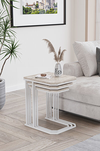 ED Efelez Design Zigon Sehpa , Lyon 3'lü C Zigon Sehpa Takımı , Beyaz Metal -...