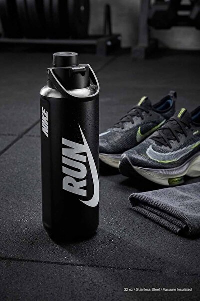 Nike Suluk 32 oz (946 ml) "RUN" Baskılı Paslanmaz Çelik Sporcu Matarası - Siyah