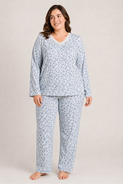 CottonVia Mother's Pajama Set, Lace V-Neck, Floral Pattern, Long Sleeve, 100%...