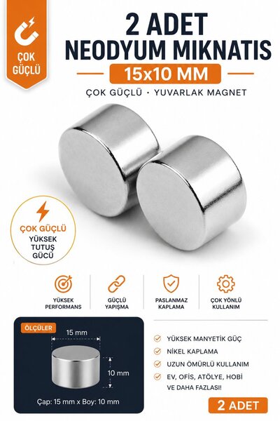 Dünya Magnet 2 Adet 15x10 Mm Yuvarlak Neodyum Mıknatıs , Çok Güçlü Magnet, Ça...