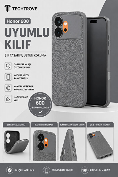 TechTrove Honor 600 Uyumlu Kılıf Deri Tasarımlı Kamera Korumalı Darbe Emici K...