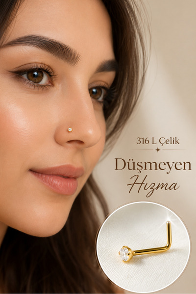 moonzy - minimalist & cozy Düşmeyen L Model Tektaş Hızma 316L Çelik 3 mm Zirk...