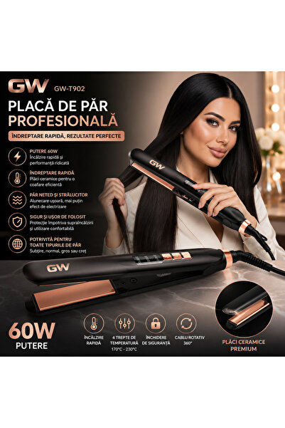 GW Placă de Păr Profesională GW-T902, 60W, Îndreptare Rapidă, Negru cu Rose Gold