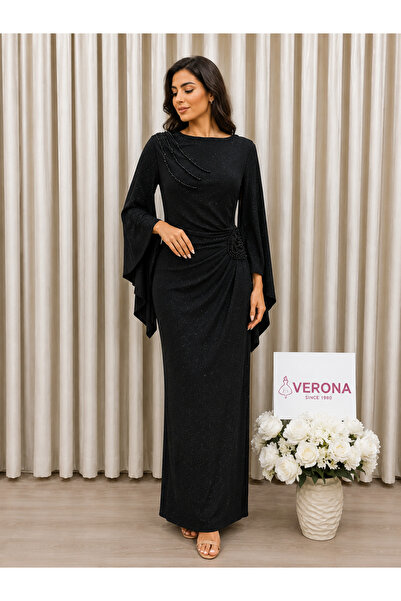 Verona فستان سهرة لامع طويل بتفاصيل خرز وأكمام واسعة –
