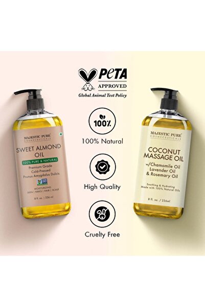 Majestic Pure Pack of 2 Organic Almond Body Oil 236 ML Large and Coconut Massage Oil - 236 ml Suitable for All Skin Types - Men & Women
