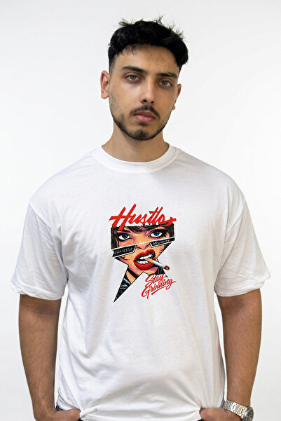 Anetos Hustle Woman Design Printed Oversize White T-Shirt