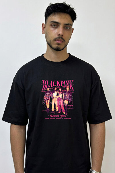 Anetos Blackpink Lovesickgirls Design Printed Oversize Black T-Shirt