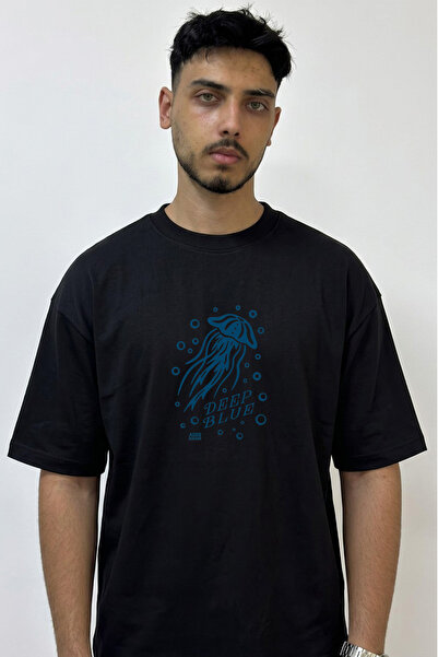 Anetos Blue Sea Anasi Design Printed Oversize Black T-Shirt