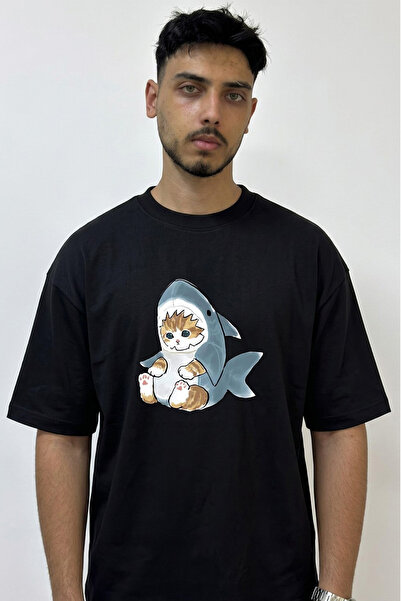 Anetos Kitten Shark Hoodie Design Printed Oversize Black T-Shirt