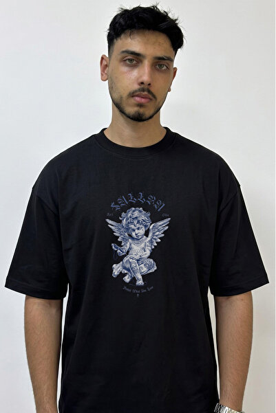 Anetos Tattoo Cherub Design Printed Oversize Black T-Shirt