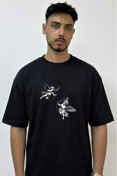 Anetos Cupid Melek_1 Design Printed Oversize Black T-Shirt
