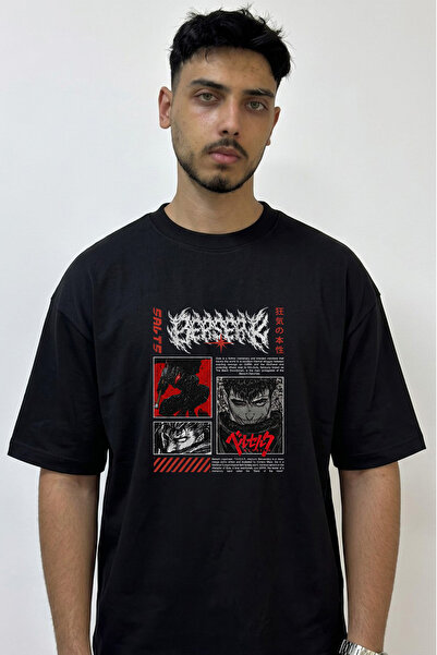Anetos Guts Berserk Design Printed Oversize Black T-Shirt