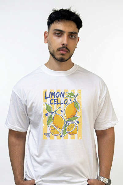 Anetos Limon Cello Design Printed Oversize White T-Shirt