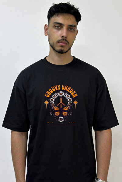 Anetos Line Butterfly Design Printed Oversize Black T-Shirt