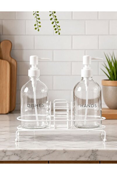 Minya Home Nova 2-Piece Glass Liquid Soap Dispenser Set with Stand and Label,...