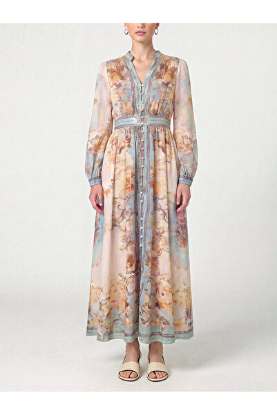 Greneric Vintage Floral Palace Print Button Front Modest Maxi Dress