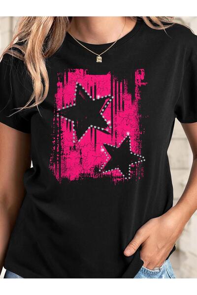17TAKI 1pc Hot Pink Round-neck Black T-shirt, Suitable Mother's Father's Day,...