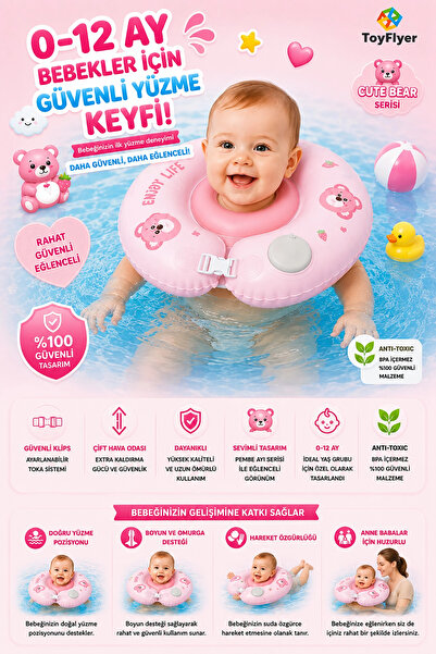 Empressco Bebek Boyun Simidi Kendinden Şişen 0-12 Ay Yüzme Simidi, Çift Tokal...