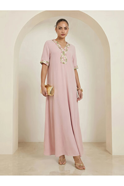 Amirah By Styli Pink Floral Lace Trim V Neck Jalabiya