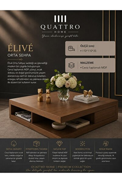 QUATTRO HOME Élivé Ceviz Kaplamalı Orta Sehpa Çekmeceli Raflı Modern Salon Se...