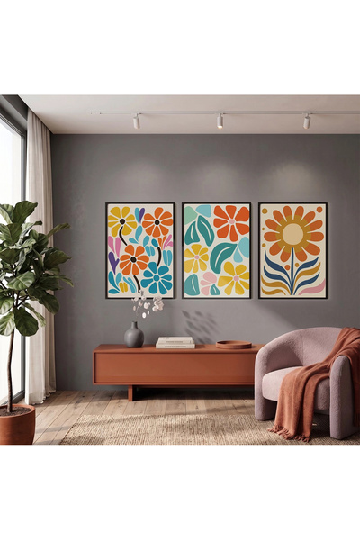 KOLAJTASARIM Set de 3 tablouri cu modele florale retro vii, înrămate în negru...