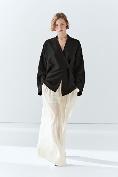 Massimo Dutti Keten karışımlı dokulu V yaka kimono