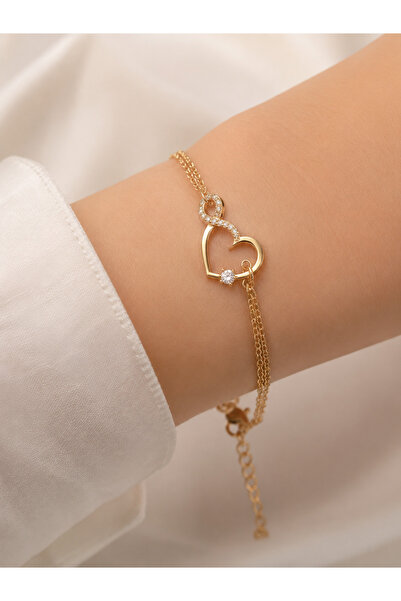 Miore takı Adjustable Gold Color Women's Bracelet with Heart and Infinity Fig...