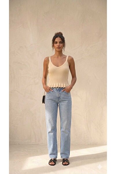 FİFTY ONE Women's Ribbed Firfir Detail Knitwear Tank Top Blouse