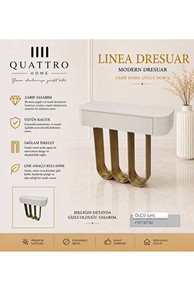 QUATTRO Home Linea Modern Dresuar Gold Metal Ayaklı Dekoratif Konsol Masası 9...
